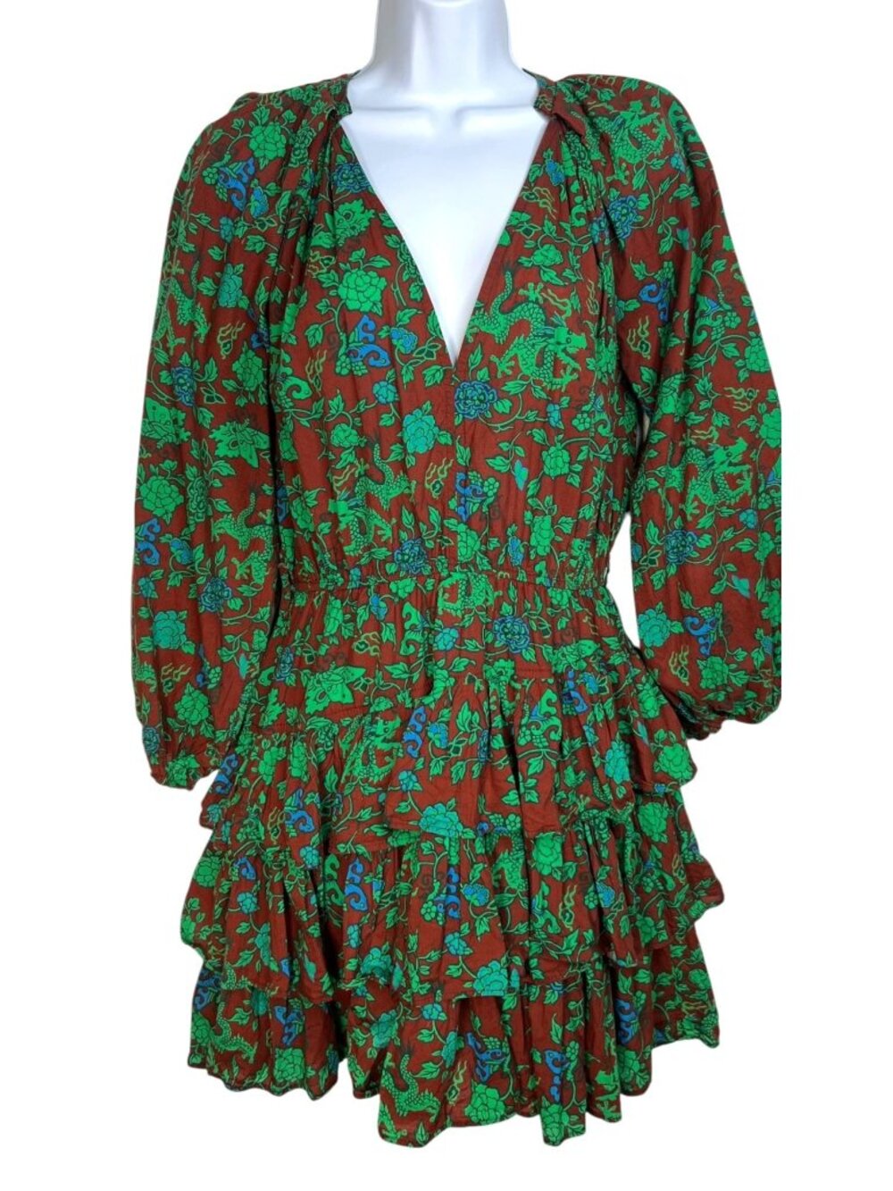 J'DA palm Beach X KUJU FloralBlock Print Cotton Dress Brown Green Medium